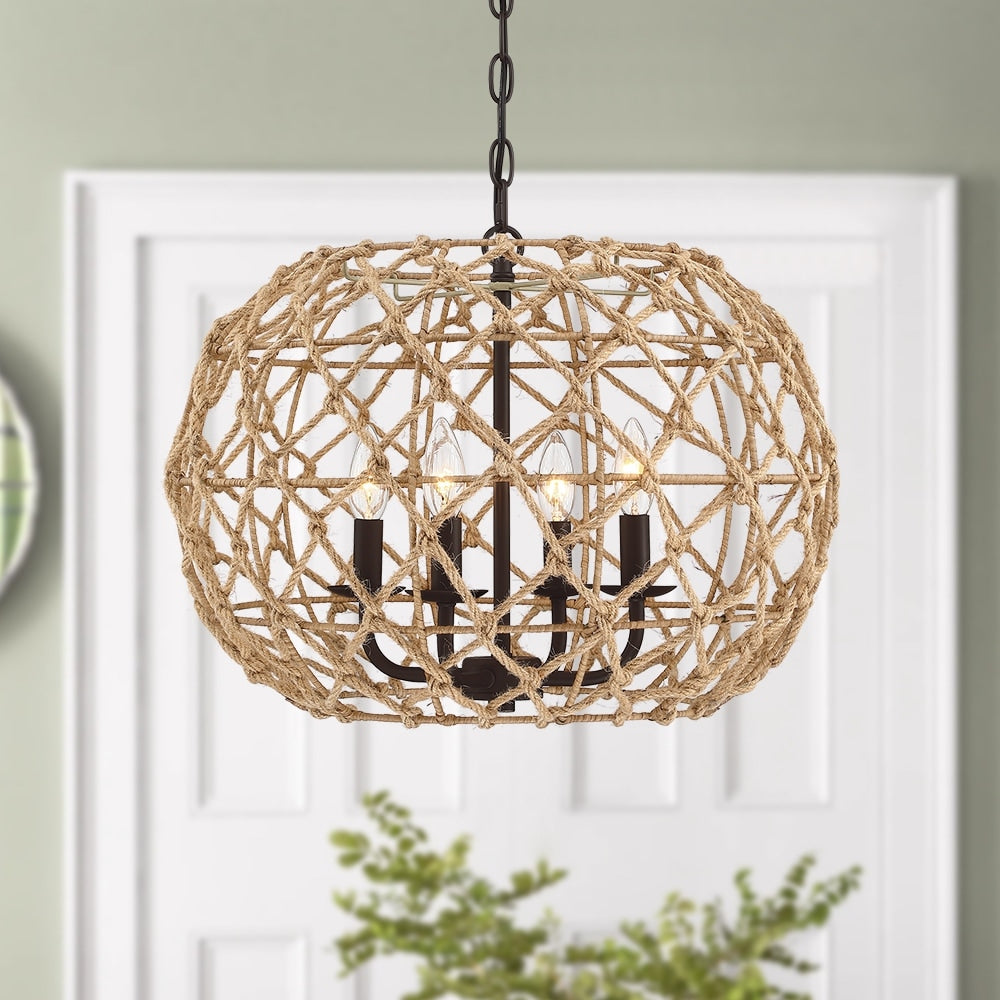 20-in 4-Light Rustic Natural Jute Rope Woven Globe Pendant Light with Brown Canopy - Coffee brown - 20 in. W - 20 in. W