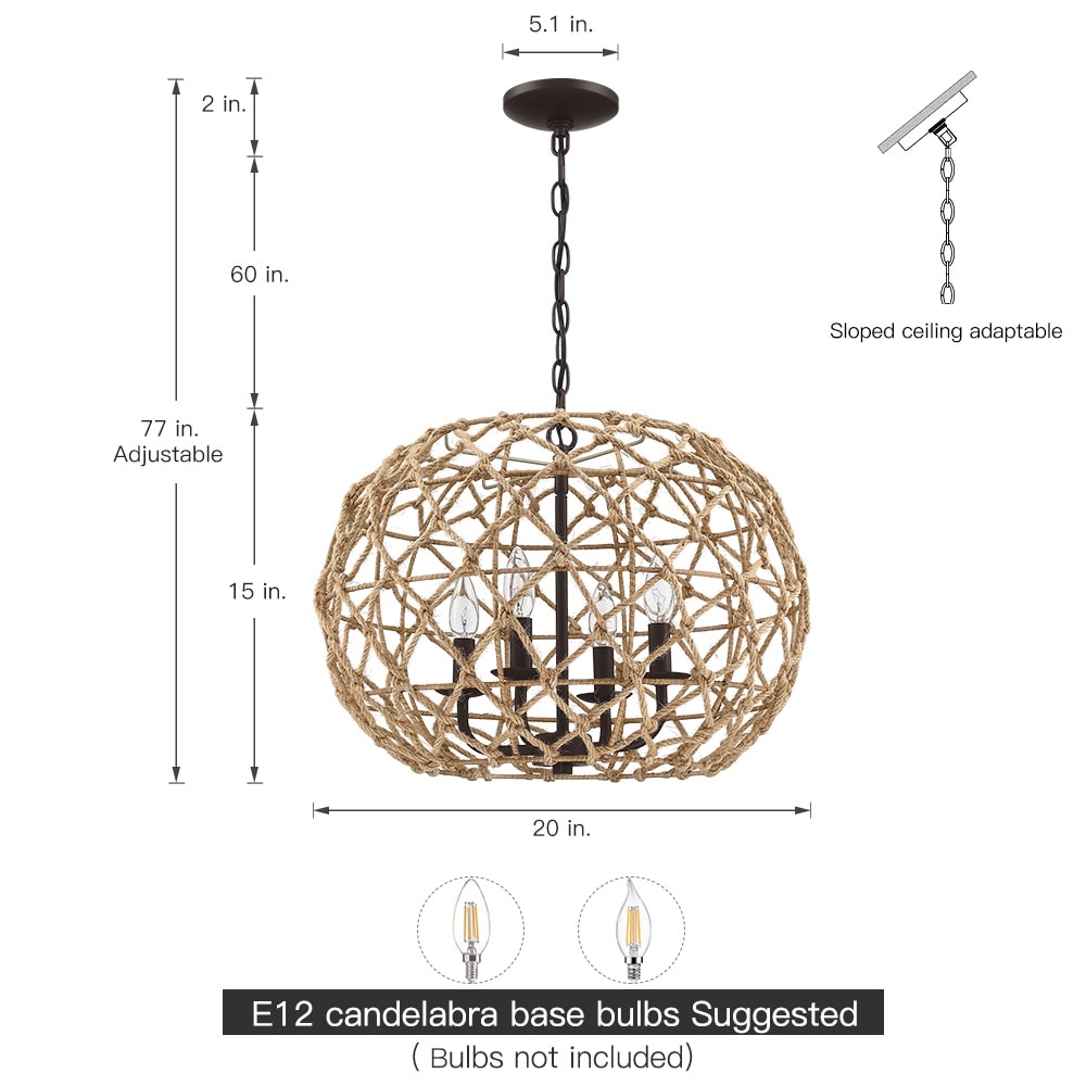 20-in 4-Light Rustic Natural Jute Rope Woven Globe Pendant Light with Brown Canopy - Coffee brown - 20 in. W - 20 in. W