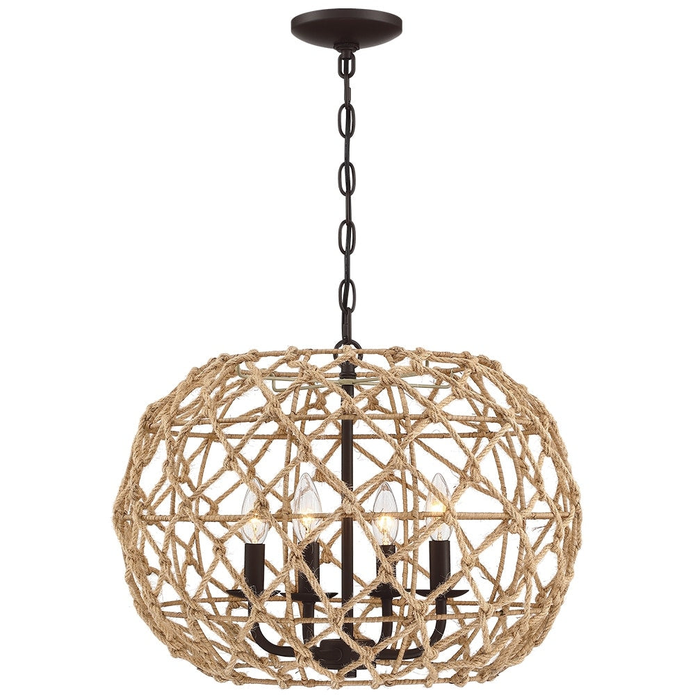 20-in 4-Light Rustic Natural Jute Rope Woven Globe Pendant Light with Brown Canopy - Coffee brown - 20 in. W - 20 in. W