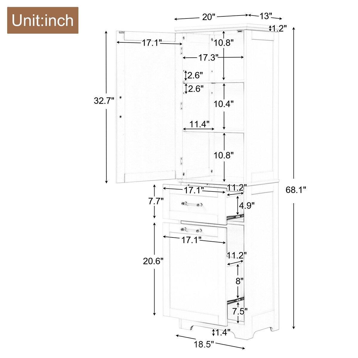 20 in. W x 13 in. D x 68.1 in. H Linen Cabinet with 2-Different Size Drawers and Adjustable Shelf