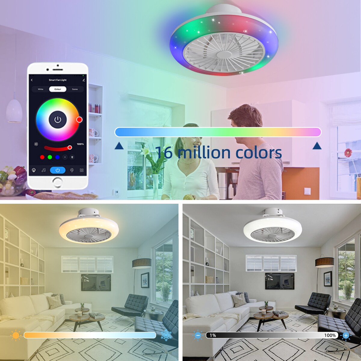 18.8 in Smart Bladeless Ceiling Fans with Alexa/Google Assistant/App Control Color Changing LED-RGB Light. - N/A