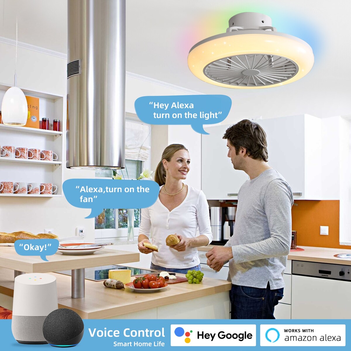 18.8 in Smart Bladeless Ceiling Fans with Alexa/Google Assistant/App Control Color Changing LED-RGB Light. - N/A