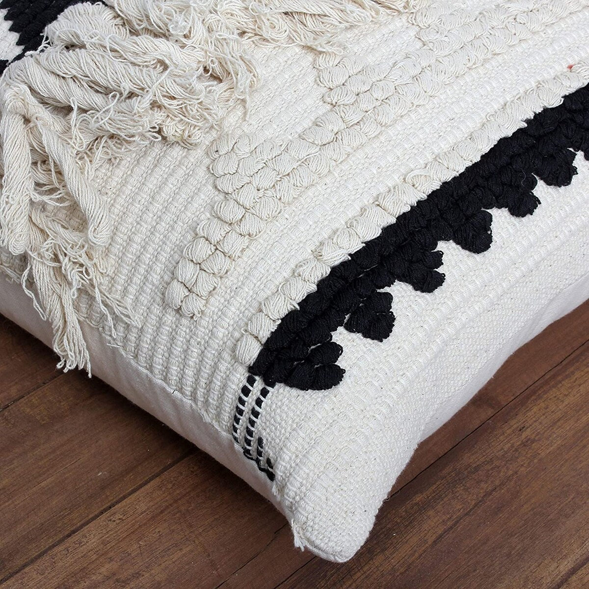 20 x 20 Fringed Cotton Accent Pillow Cover, White and Black