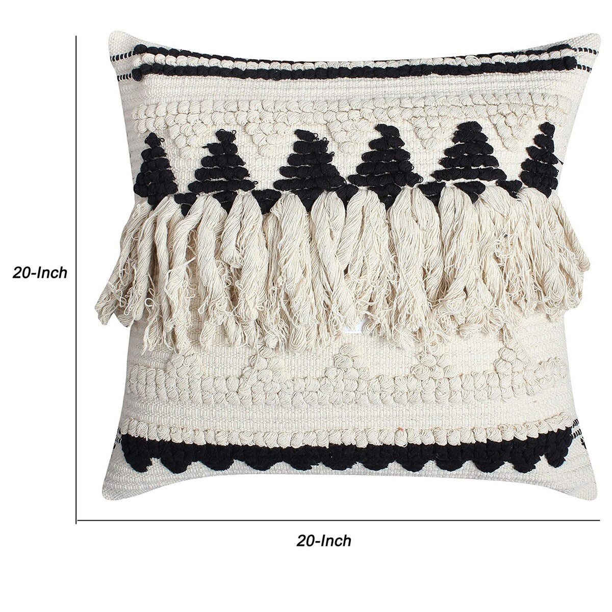 20 x 20 Fringed Cotton Accent Pillow Cover, White and Black