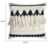 20 x 20 Fringed Cotton Accent Pillow Cover, White and Black