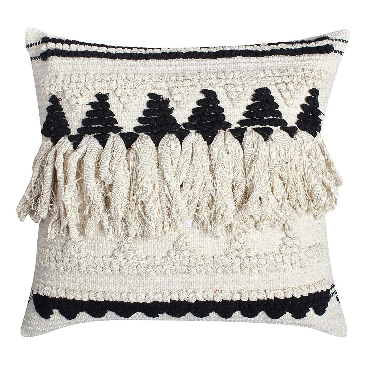 20 x 20 Fringed Cotton Accent Pillow Cover, White and Black
