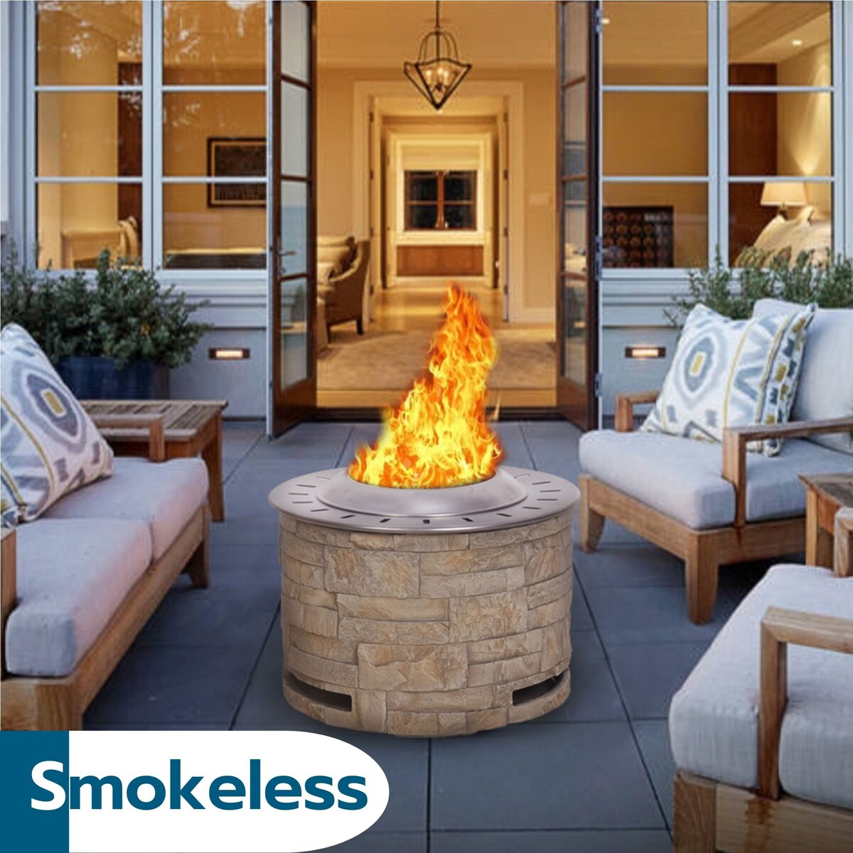 20.5" Round Smokeless Fire Pit Stackstone Look Stainless Steel Top & TerraFab Base Wood Burning for Outdoor Patio Garden - N/A