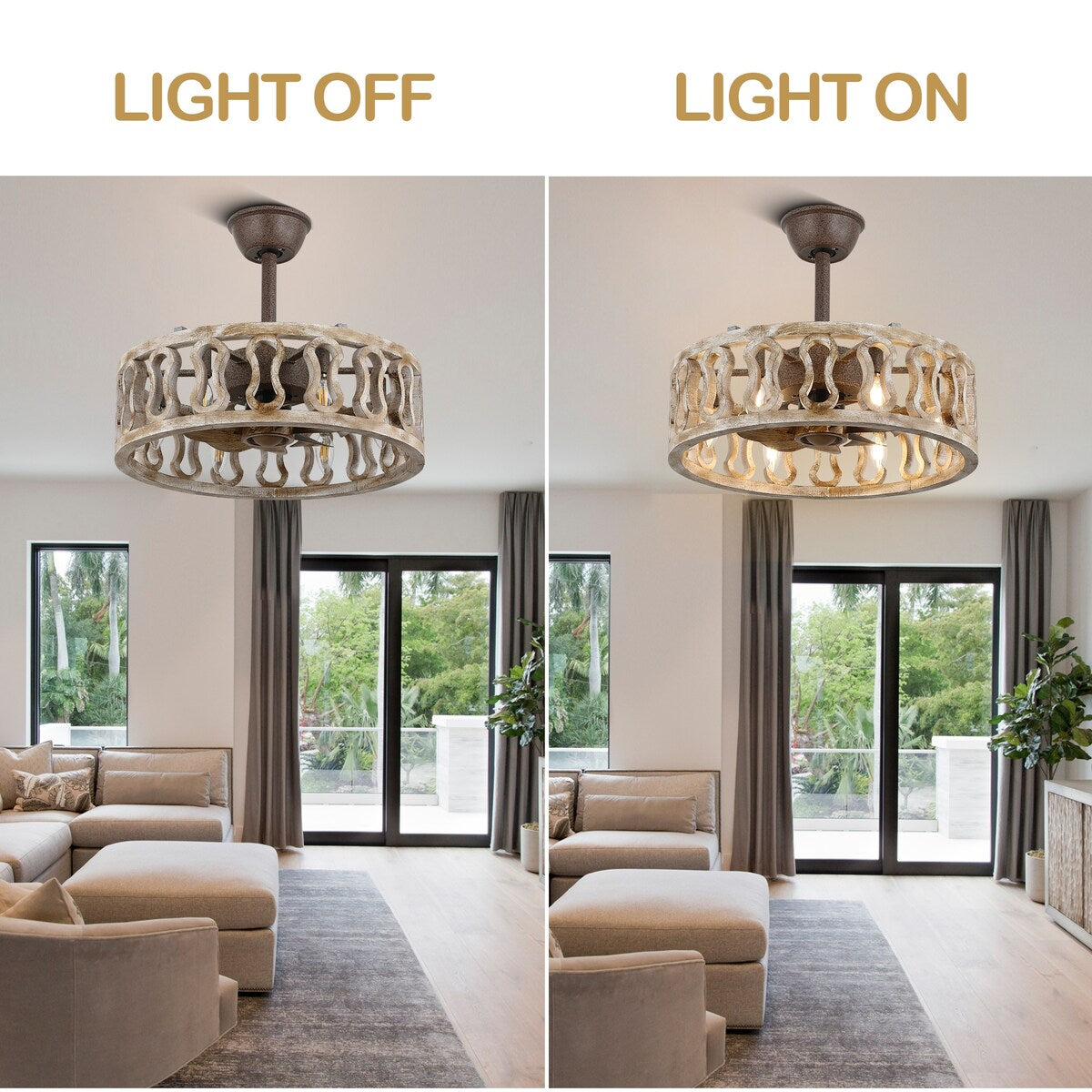 20" Antique Ceiling Fan Light, Steel Frame with Rustic Finish, Solid Wood Shade with Aged Finish, Remote Control