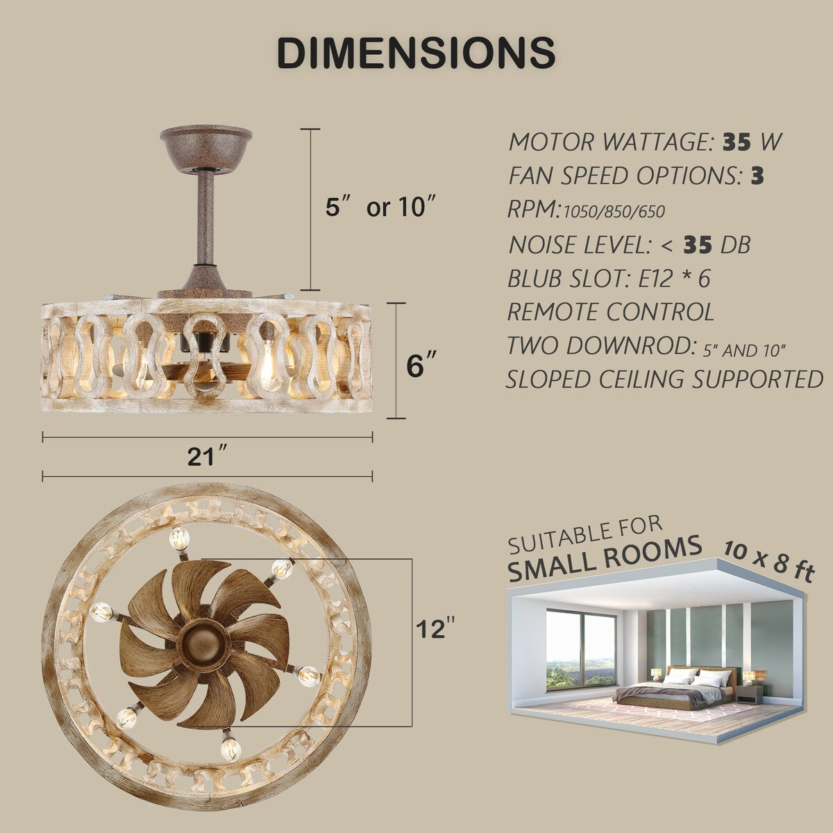 20" Antique Ceiling Fan Light, Steel Frame with Rustic Finish, Solid Wood Shade with Aged Finish, Remote Control
