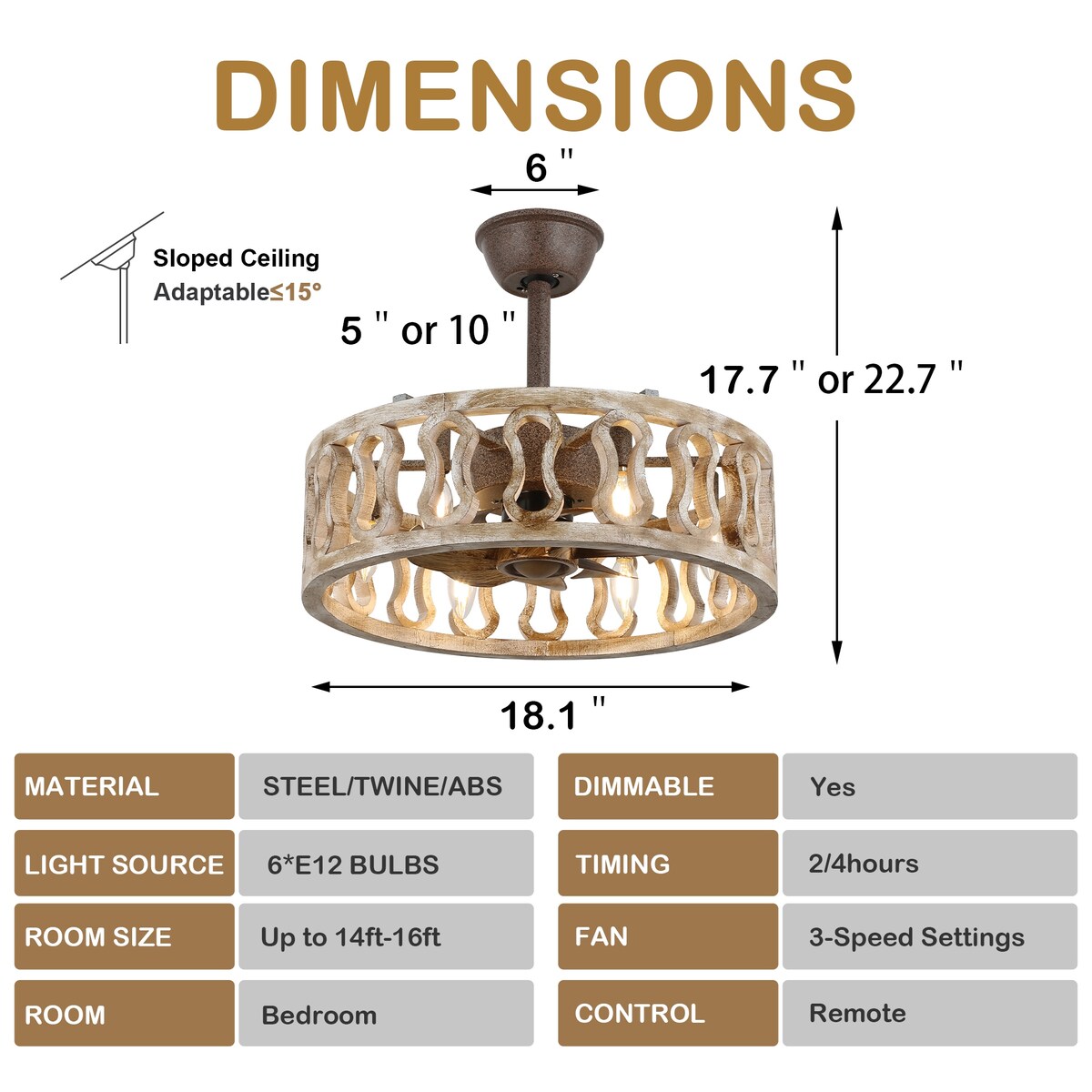 20" Antique Ceiling Fan Light, Steel Frame with Rustic Finish, Solid Wood Shade with Aged Finish, Remote Control