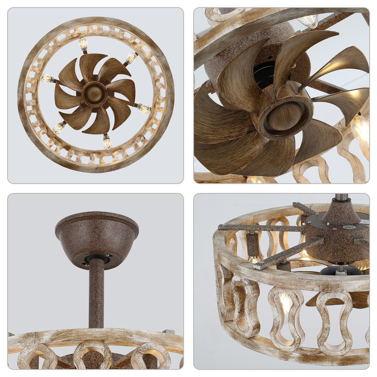 20" Antique Ceiling Fan Light, Steel Frame with Rustic Finish, Solid Wood Shade with Aged Finish, Remote Control