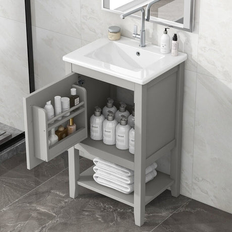 20" Bathroom Vanity with Sink, Bathroom Cabinet with Soft Closing Door, Storage Rack and Open Shelf - Grey