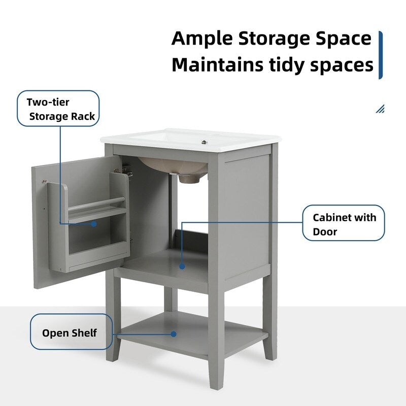 20" Bathroom Vanity with Sink, Bathroom Cabinet with Soft Closing Door, Storage Rack and Open Shelf - Grey