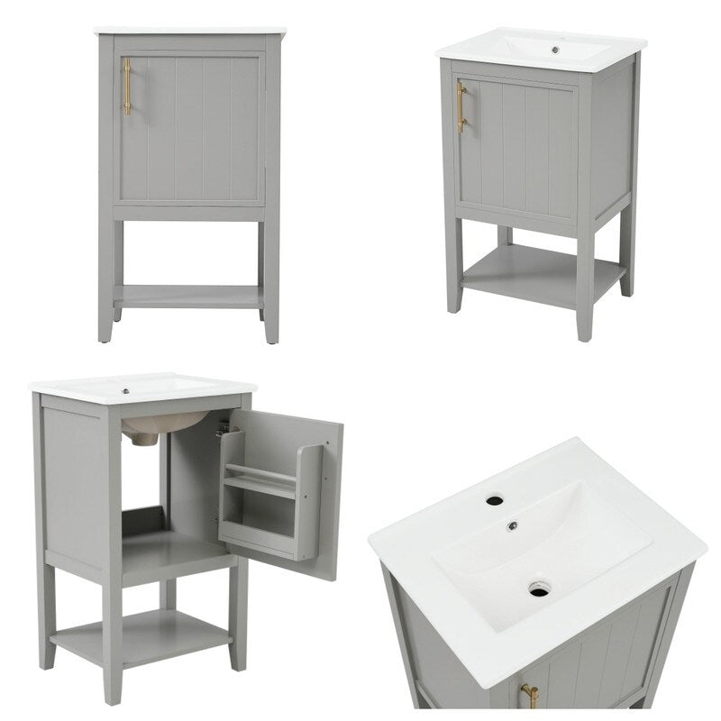 20" Bathroom Vanity with Sink, Bathroom Cabinet with Soft Closing Door, Storage Rack and Open Shelf - Grey