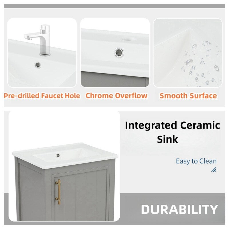 20" Bathroom Vanity with Sink, Bathroom Cabinet with Soft Closing Door, Storage Rack and Open Shelf - Grey