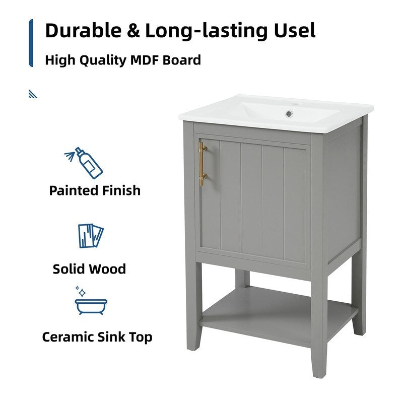 20" Bathroom Vanity with Sink, Bathroom Cabinet with Soft Closing Door, Storage Rack and Open Shelf - Grey