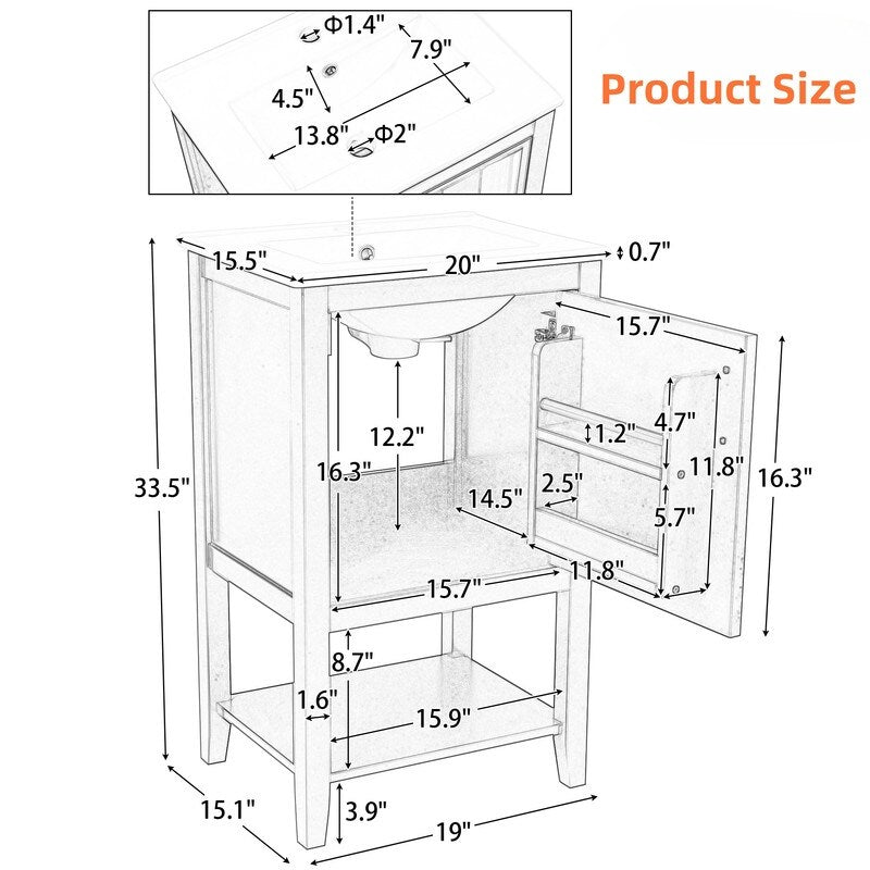 20" Bathroom Vanity with Sink, Bathroom Cabinet with Soft Closing Door, Storage Rack and Open Shelf - Grey