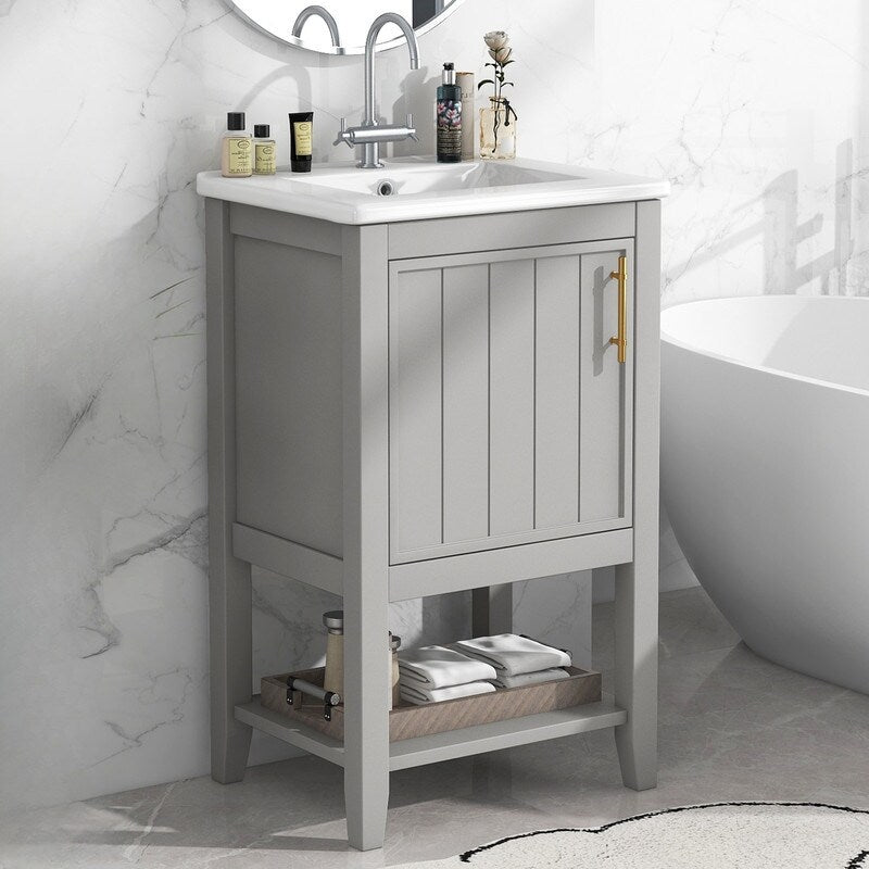 20" Bathroom Vanity with Sink, Bathroom Cabinet with Soft Closing Door, Storage Rack and Open Shelf - Grey