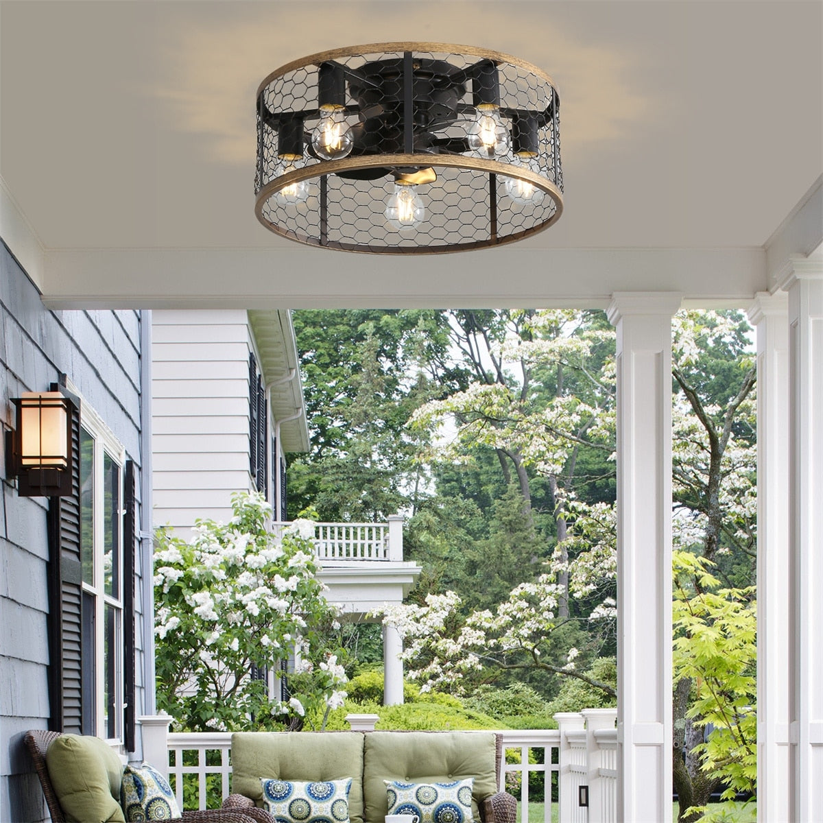 20" Industrial 5-Light Black Caged Ceiling Fan with Light Kit and Remote Control Included - 20 inch