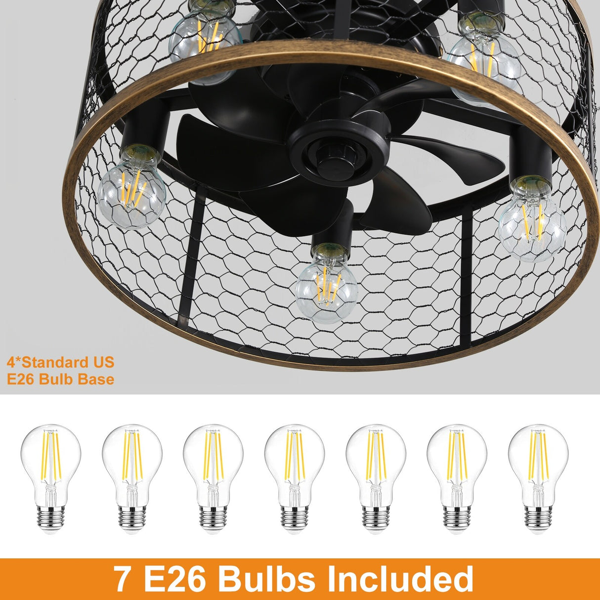 20" Industrial 5-Light Black Caged Ceiling Fan with Light Kit and Remote Control Included - 20 inch
