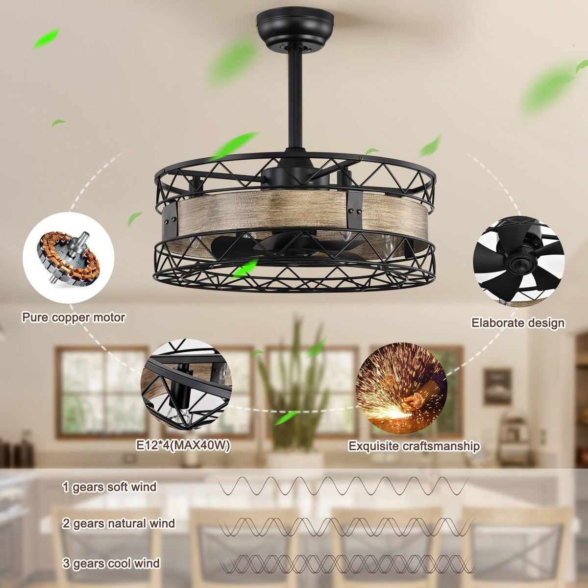 20" Caged Ceiling Fan with 5 ABS Blades and Remote Control, Timer, 3 Speeds for Farmhouse, Bedroom, Living Room