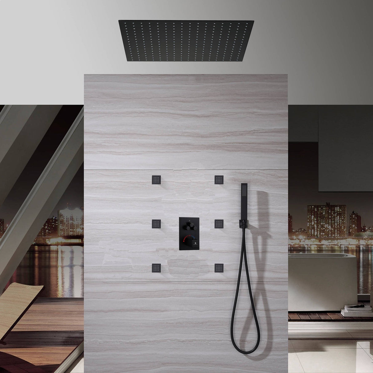 20" LED Ceiling Rainfall Shower 3 Way Thermostatic Faucet System w/ 6 Body Jets