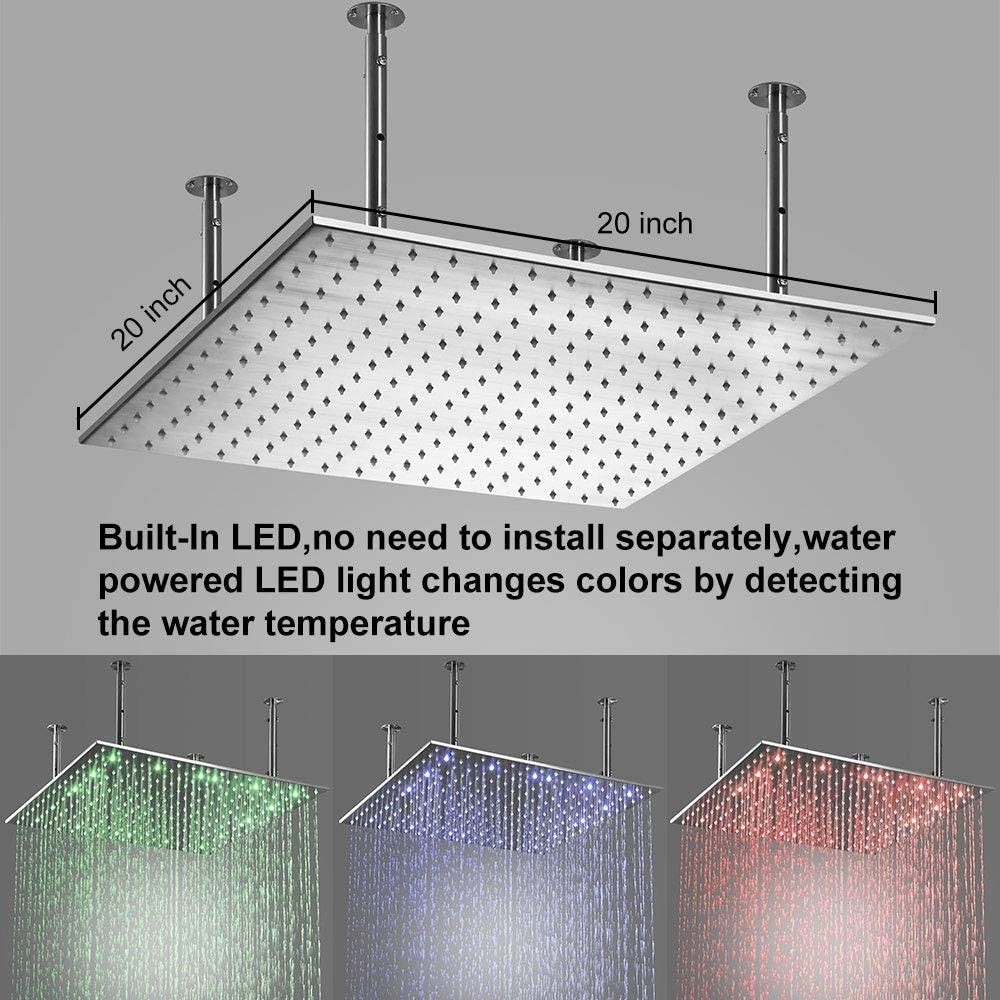 20" LED Ceiling Rainfall Shower 3 Way Thermostatic Faucet System w/ 6 Body Jets