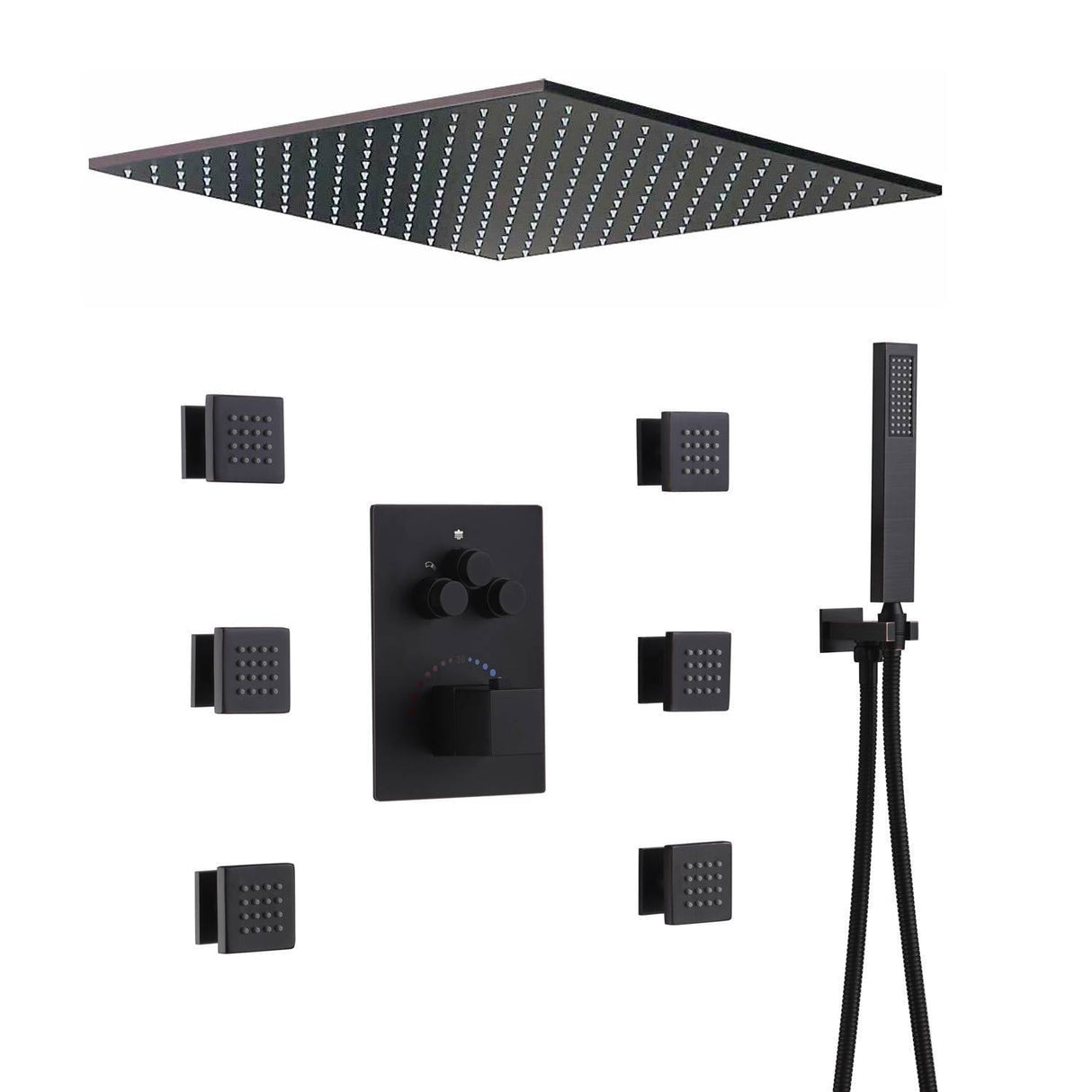 20" LED Ceiling Rainfall Shower 3 Way Thermostatic Faucet System w/ 6 Body Jets