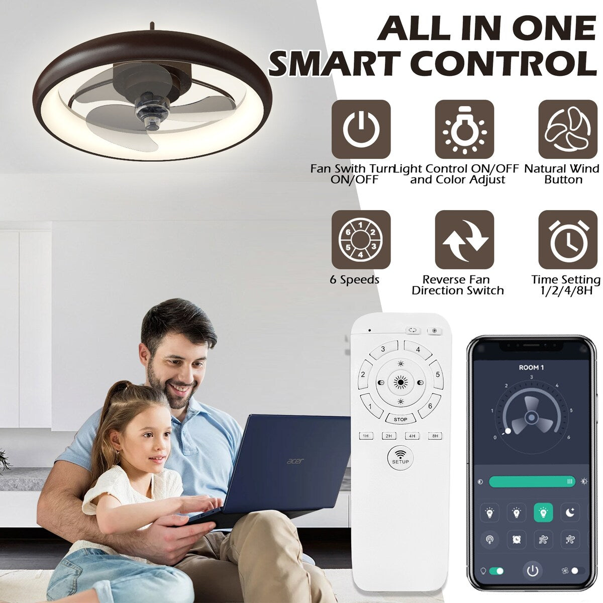 20" Lighting Ceiling Fan with Adjustable Brightness and Gear