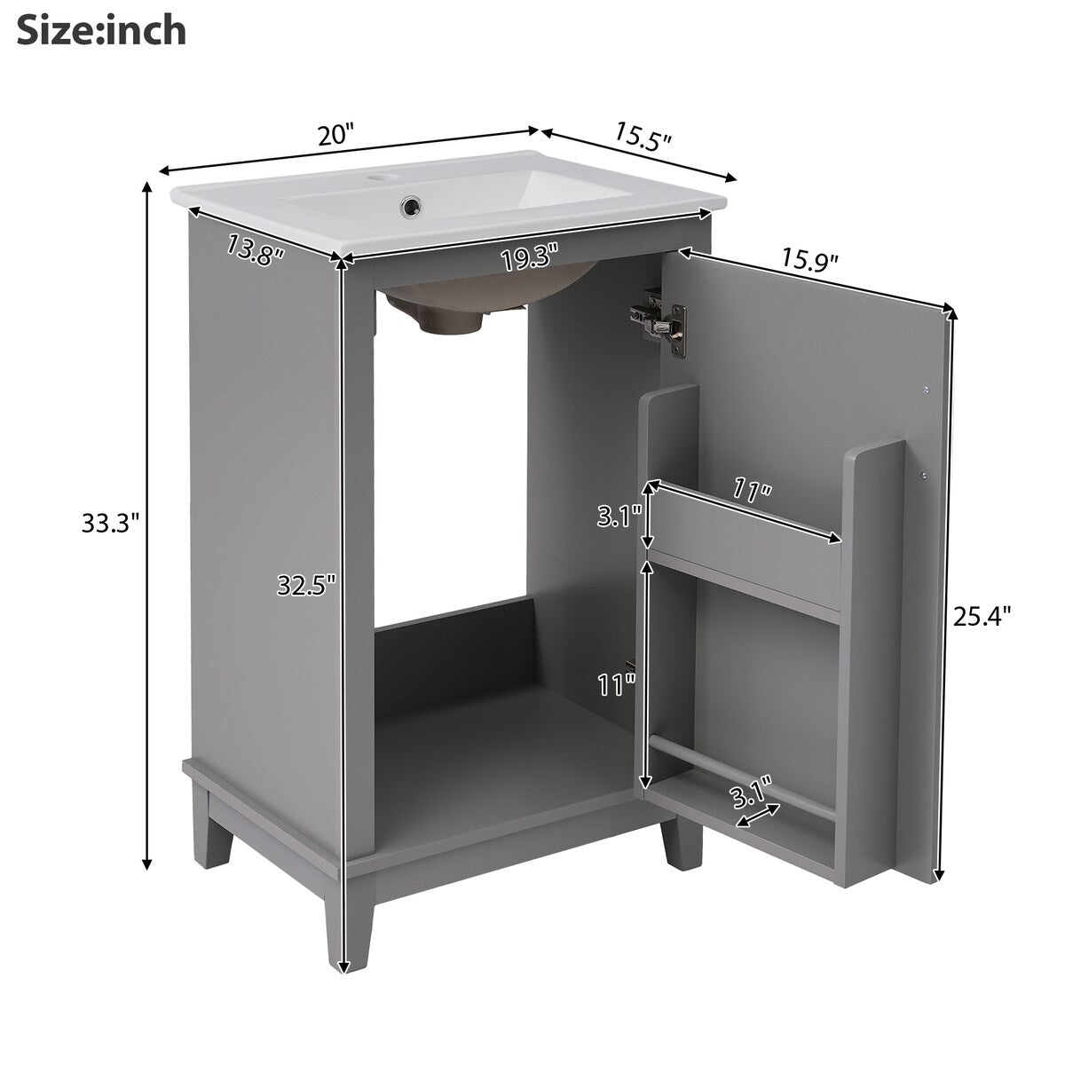 20" Modern Small Bathroom Vanity Cabinet With Ceramic Basin - 20"*15.5"*33.3", Ample Storage, 1 Soft-Close Door
