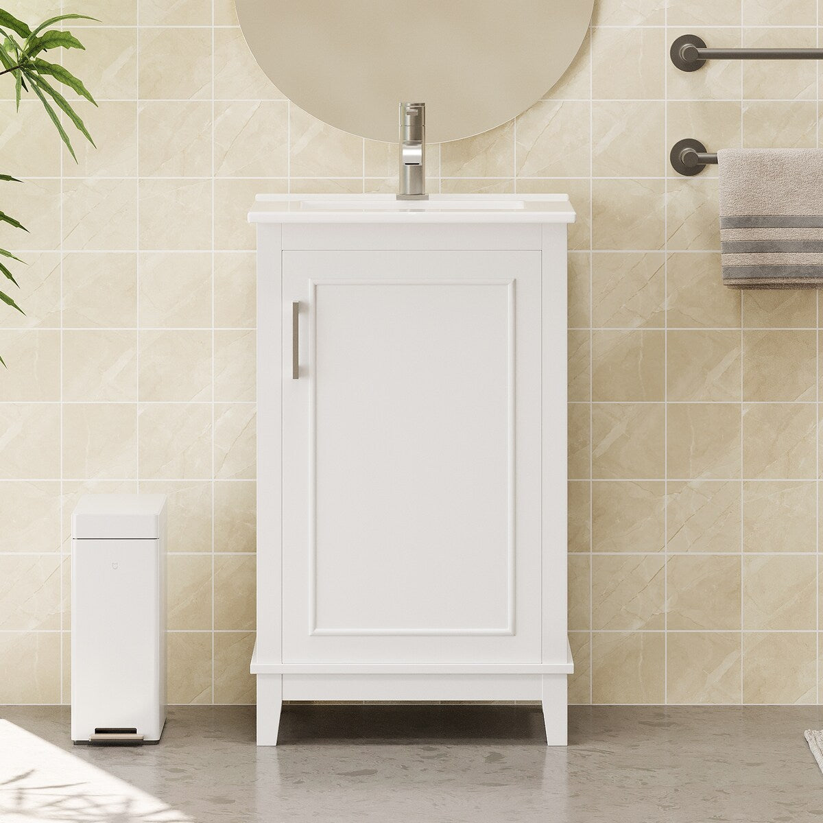 20" Modern Small Bathroom Vanity Cabinet With Ceramic Basin - 20"*15.5"*33.3", Ample Storage, 1 Soft-Close Door