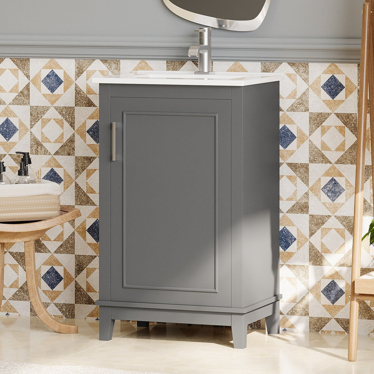 20" Modern Small Bathroom Vanity Cabinet With Ceramic Basin - 20"*15.5"*33.3", Ample Storage, 1 Soft-Close Door