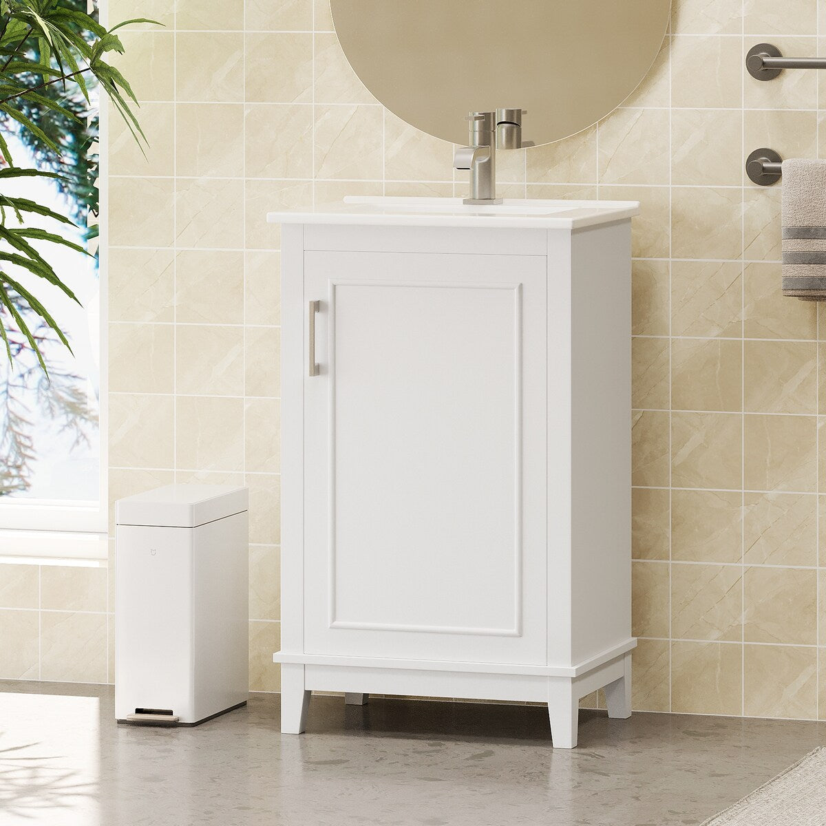 20" Modern Small Bathroom Vanity Cabinet With Ceramic Basin - 20"*15.5"*33.3", Ample Storage, 1 Soft-Close Door