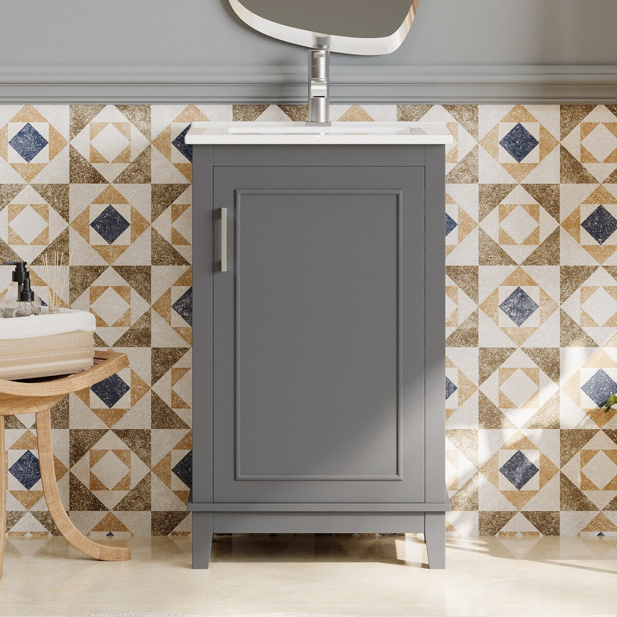 20" Modern Small Bathroom Vanity Cabinet With Ceramic Basin - 20"*15.5"*33.3", Ample Storage, 1 Soft-Close Door