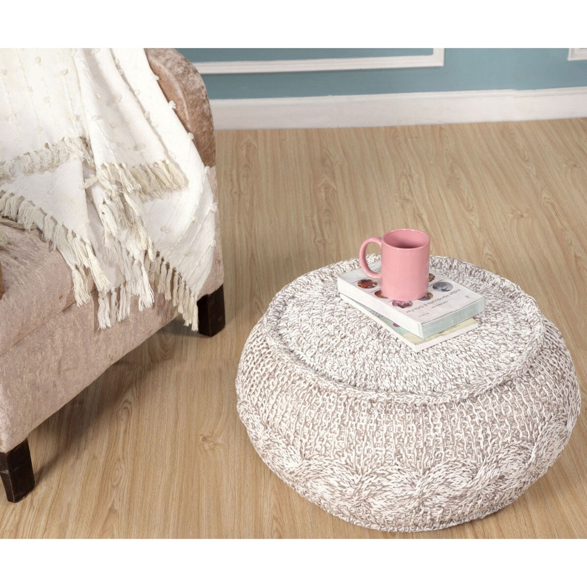 20" Tan and Gray Hand Knotted Round Pouf Ottoman