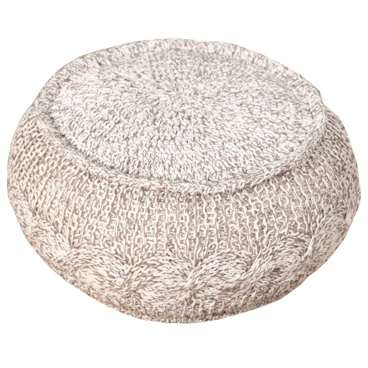 20" Tan and Gray Hand Knotted Round Pouf Ottoman