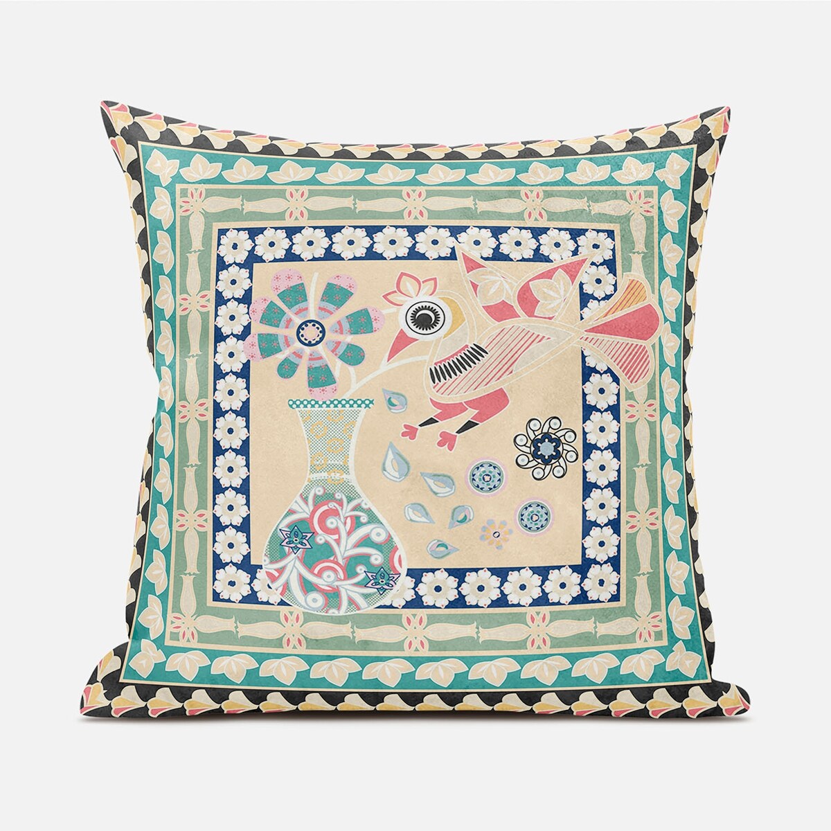 20" X 20" Pink and Green Peacock Broadcloth Floral Zippered Pillow