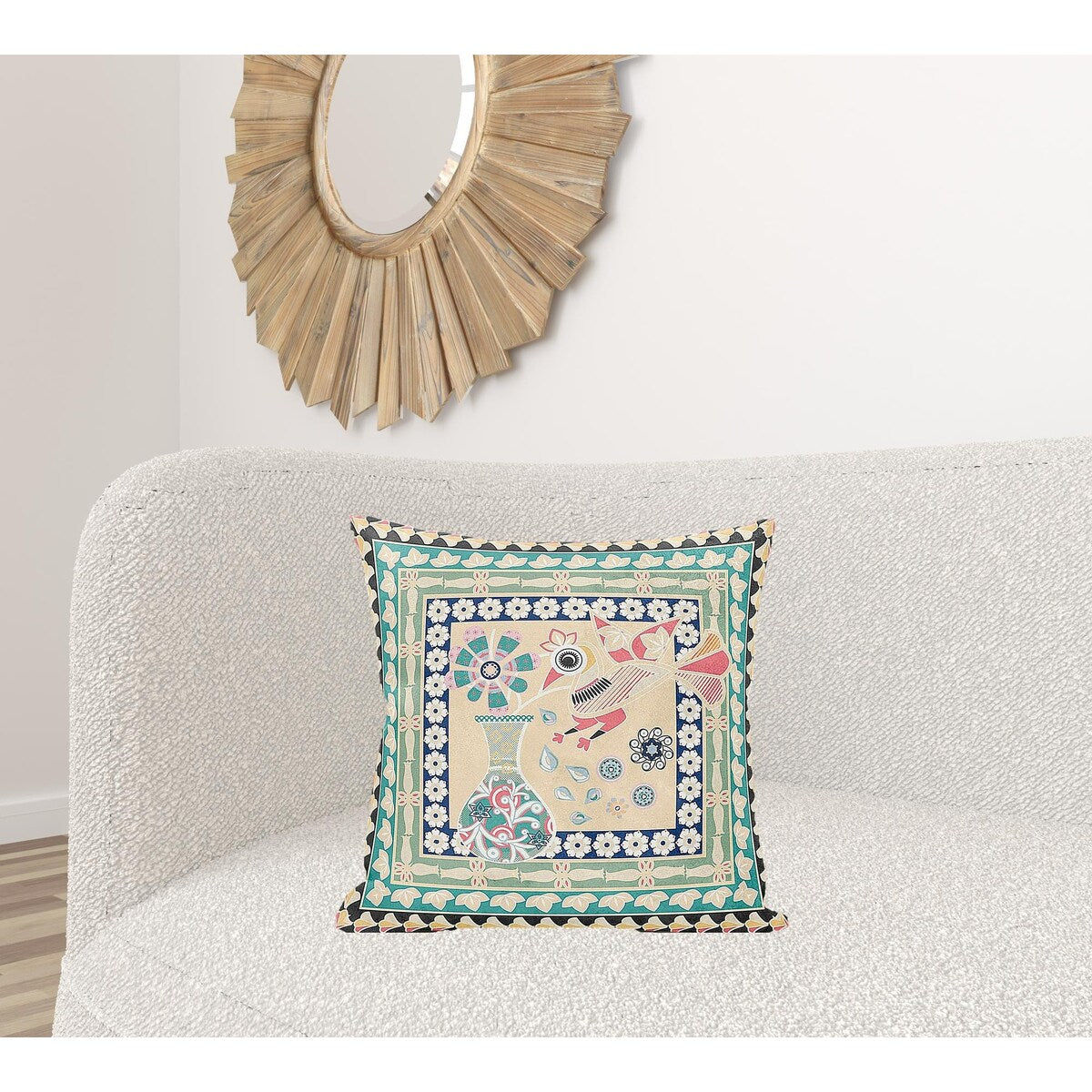 20" X 20" Pink and Green Peacock Broadcloth Floral Zippered Pillow