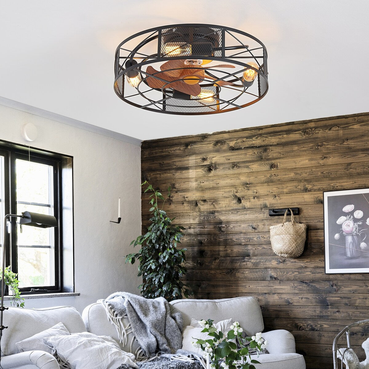 21 Inch Cage Ceiling Fan with Light Flush Mount with Light Remote Control