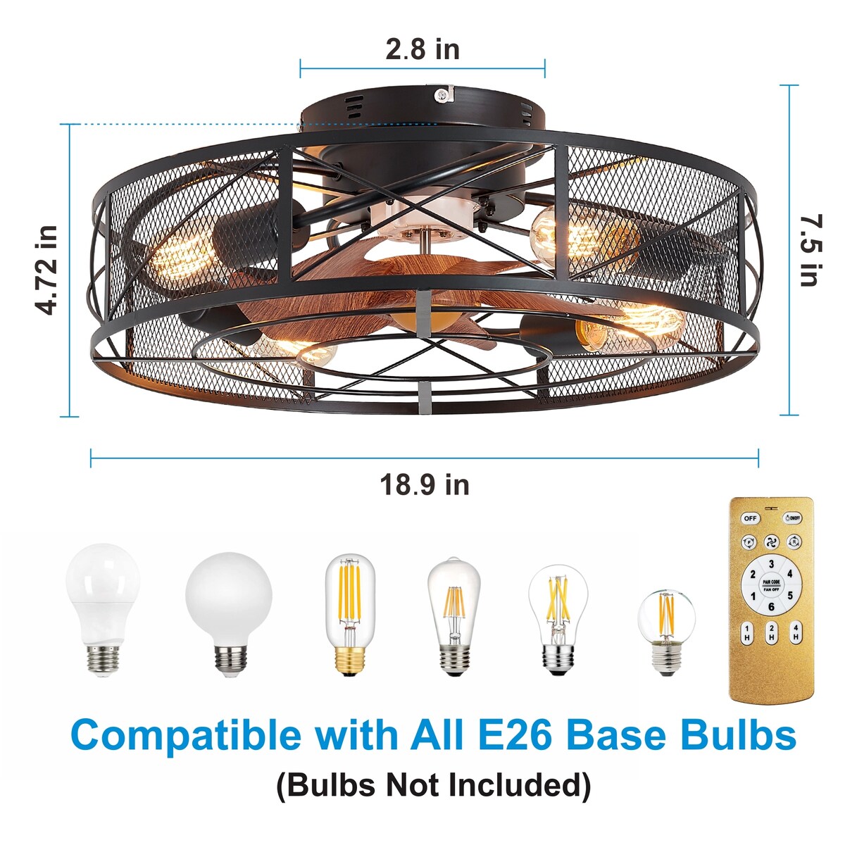 21 Inch Cage Ceiling Fan with Light Flush Mount with Light Remote Control
