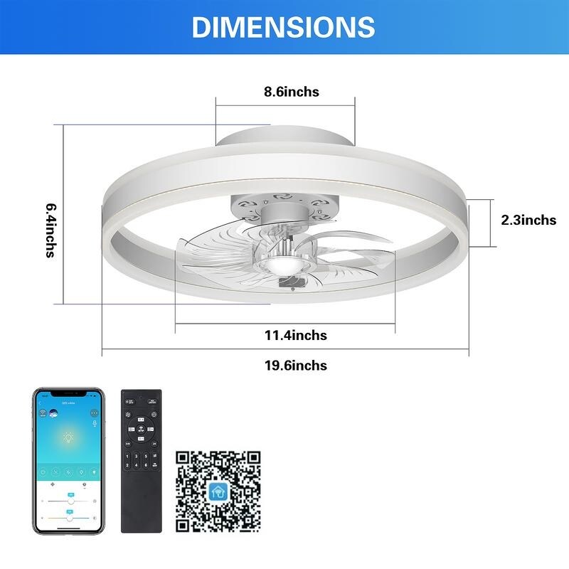 19.6 in. Indoor Black LED Dimmable Caged Propeller Low Profile Flush Mount Ceiling Fan Light with Remote and App Control