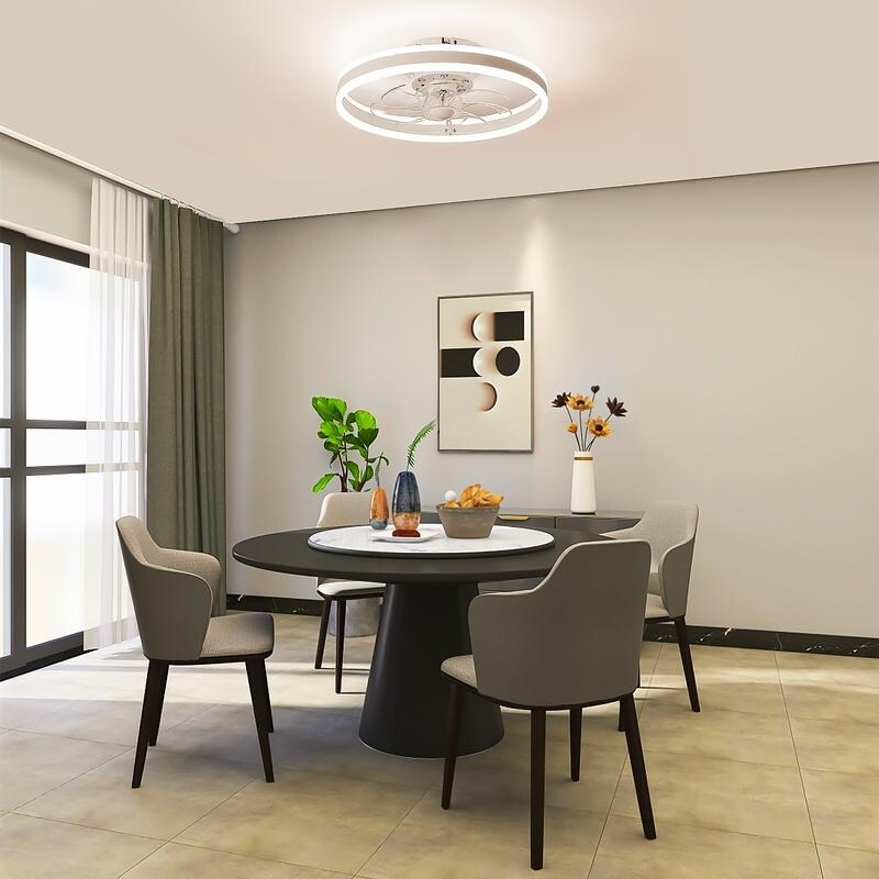19.6 in. Indoor Black LED Dimmable Caged Propeller Low Profile Flush Mount Ceiling Fan Light with Remote and App Control