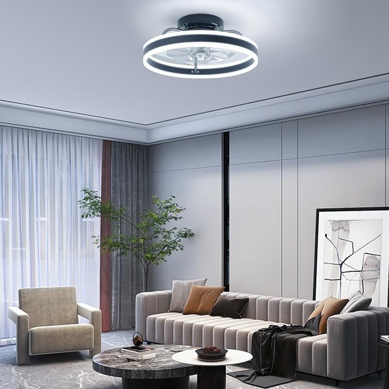 19.6 in. Indoor Black LED Dimmable Caged Propeller Low Profile Flush Mount Ceiling Fan Light with Remote and App Control