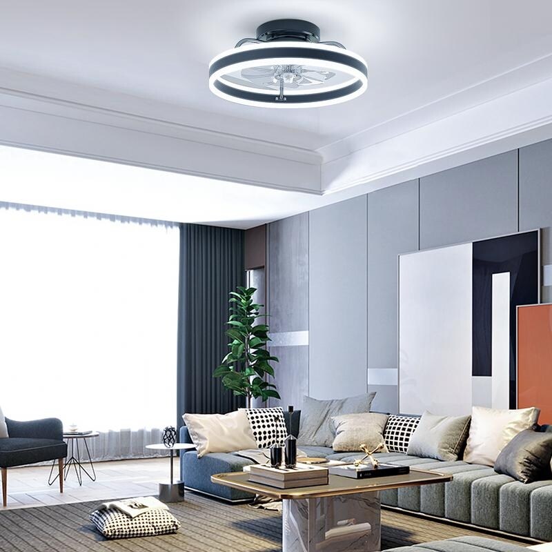 19.6 in. Indoor Black LED Dimmable Caged Propeller Low Profile Flush Mount Ceiling Fan Light with Remote and App Control