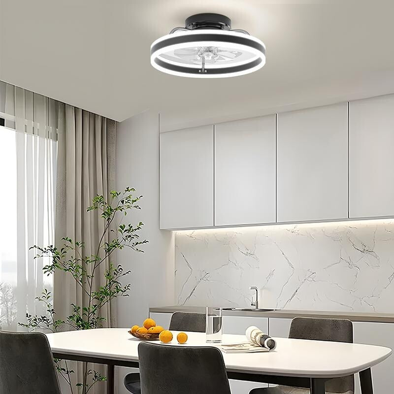 19.6 in. Indoor Black LED Dimmable Caged Propeller Low Profile Flush Mount Ceiling Fan Light with Remote and App Control