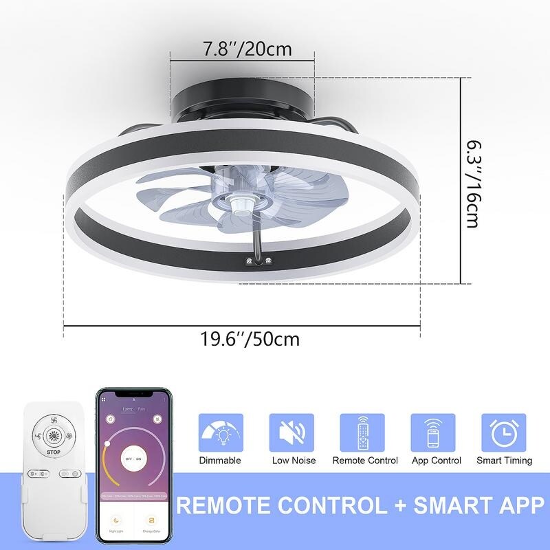 19.6 in. Indoor Black LED Dimmable Caged Propeller Low Profile Flush Mount Ceiling Fan Light with Remote and App Control