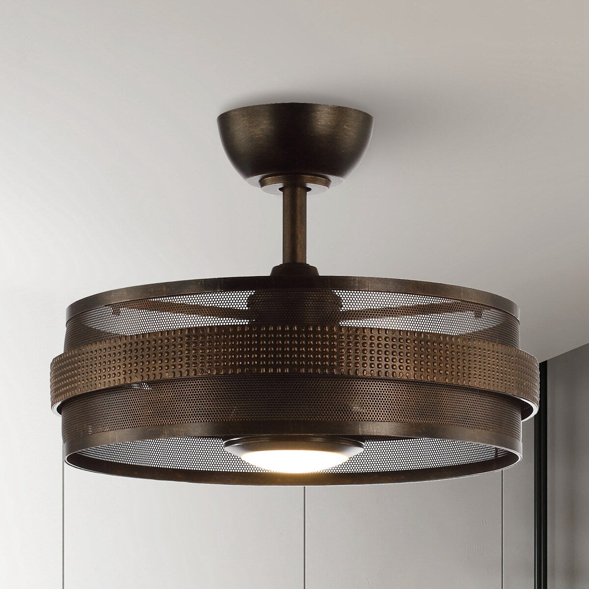 21" Industrial Encolosed Metal Caged Ceiling Fan with LED Light and Remote - Oil robbed bronze
