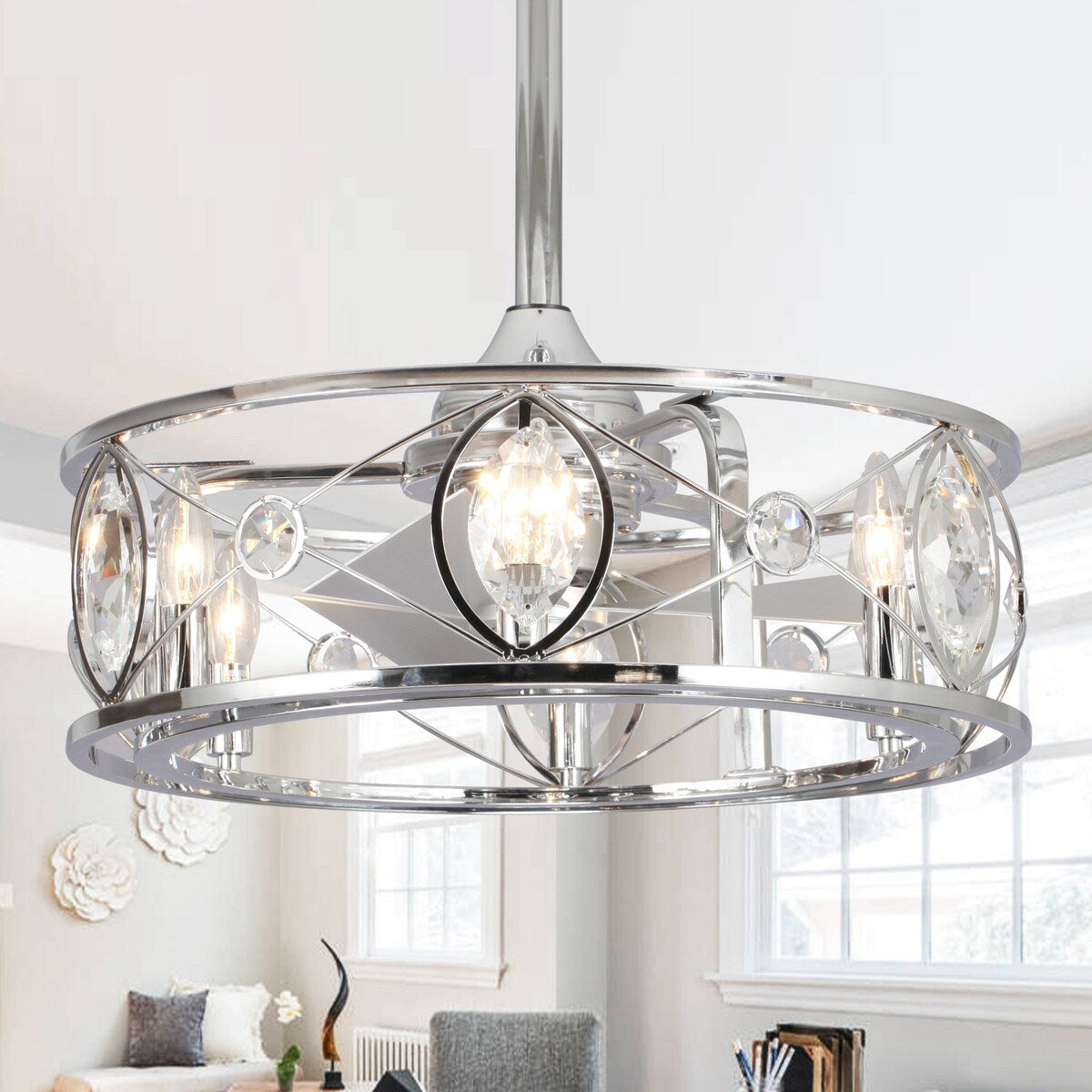 22 in. Modern Chrome Crystal Fandelier Caged Ceiling Fan with Light -