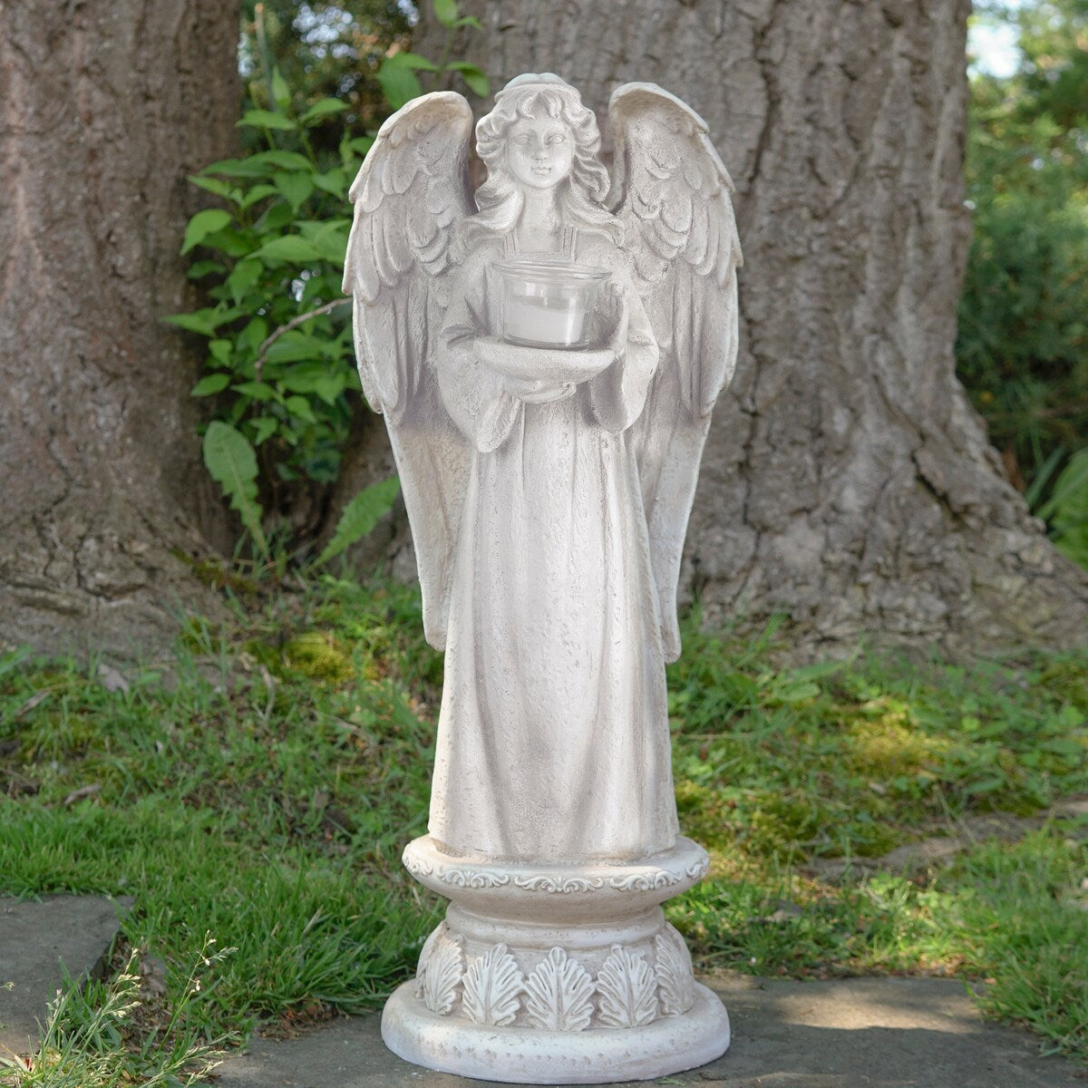 22.5" Standing Angel with Birdbath Votive Candle Holder Outdoor Garden Statue