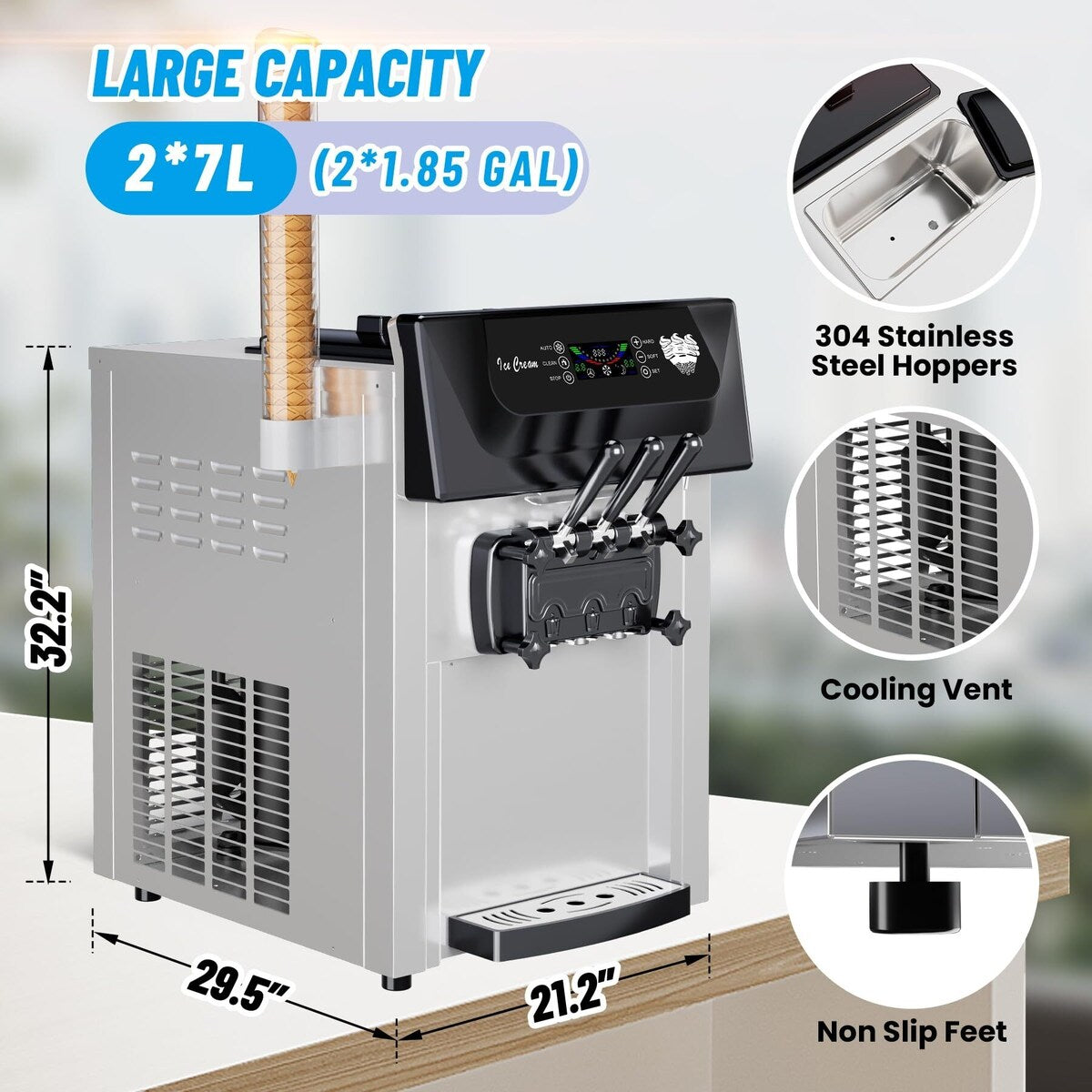 2200W Commercial Ice Cream Machine, 2+1 Flavors Soft Serve Ice Cream Maker